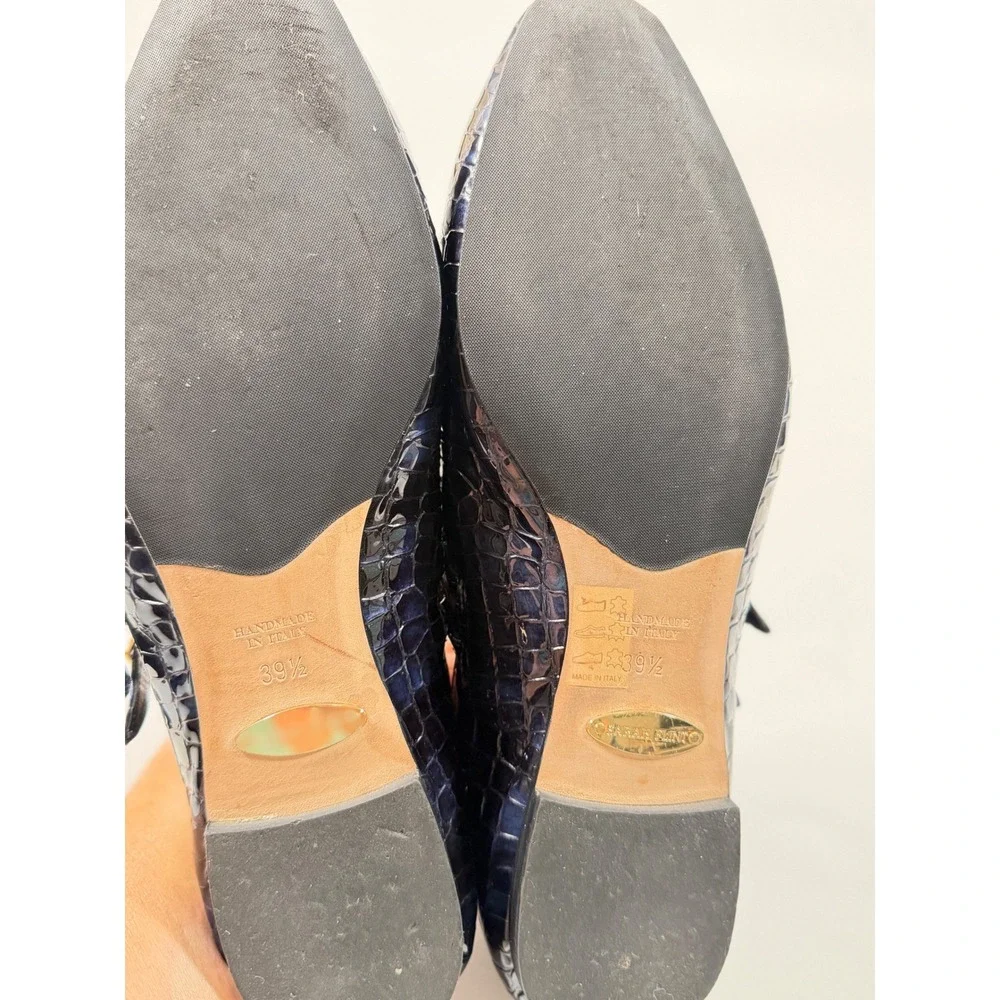 Sarah Flint Navy Croc Embossed Leather Mary Jane Flat 39.5 US 9 Old Money Luxury
